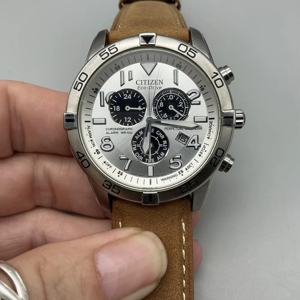 Citizen Eco-Drive Brycen Mens Watch 43mm Silver Tone Brown Leather Chronograph